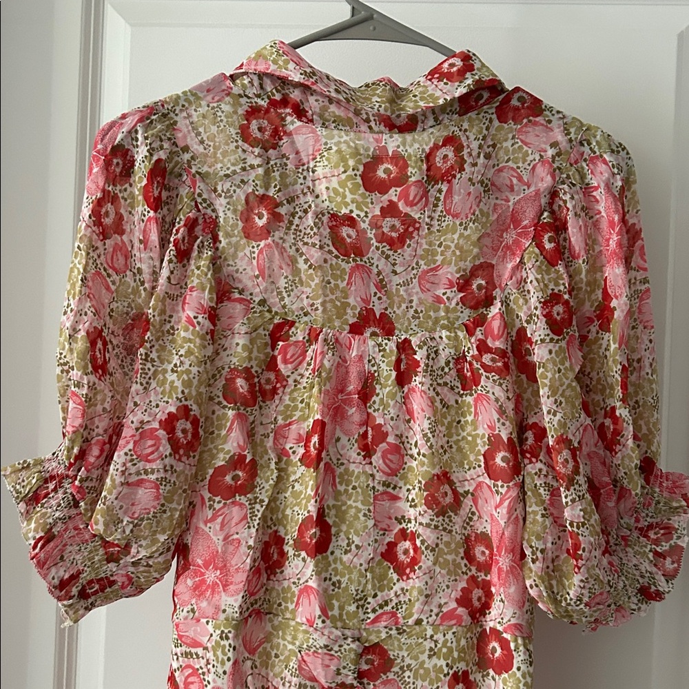 ANTHROPOLOGIE Pink Floral PUFF-SLEEVE RUCHED MESH MIDI SHIRT DRESS - Picture 10 of 11